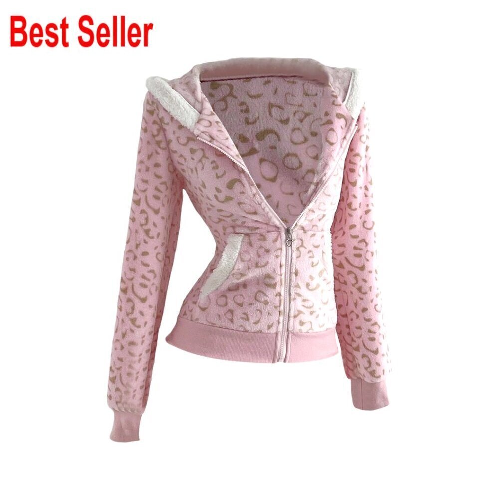 Fitted Zip Up Hoodie, Fleece Material, Leopard Print, Y2K Style, Women's Sizes